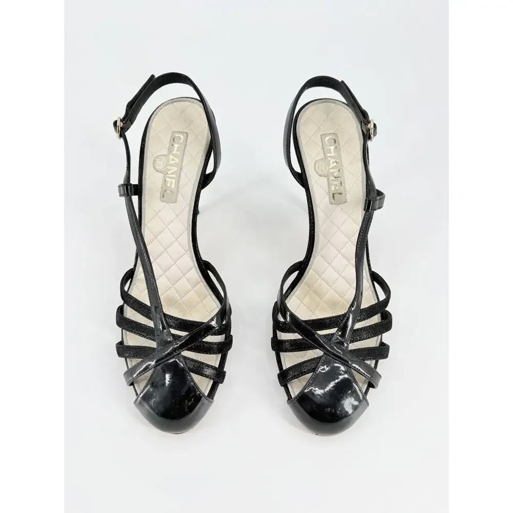 Chanel Black Patent Leather Quilted Insole Slingback Heels Pumps Size 39.5